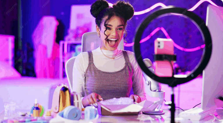 Screenshot 2025-10-09 at 11-55-37 Unboxing live stream and happy influencer woman with microphone neon light and makeup in home studio content creator beauty streamer or excited girl in online video for[...]