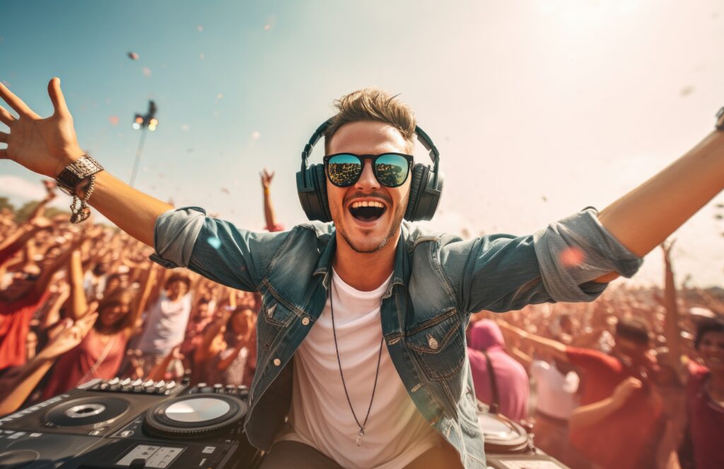 dj sitting up in the crowd at a festival with headphones,